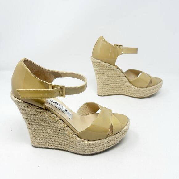 Jimmy Choo Phoenix Nude Patent Leather Espadrille Platform Wedge Sandals 37 (7) - Picture 2 of 8